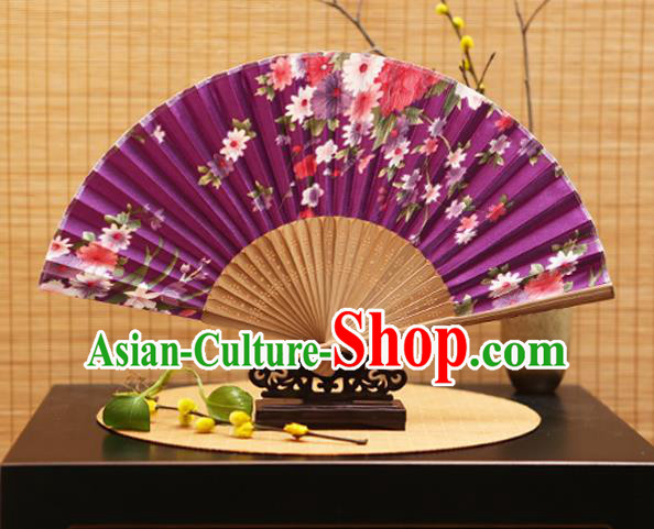 Traditional Chinese Crafts Folding Fans Printing Flowers Purple Silk Fan for Women
