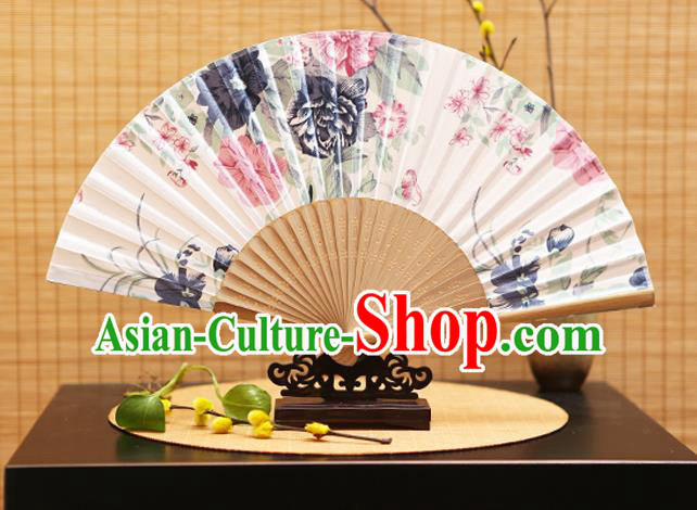 Traditional Chinese Crafts Folding Fans Printing Flowers White Silk Fan for Women