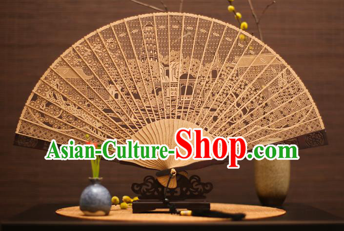 Traditional Chinese Crafts Sandalwood Pagoda Folding Fan Sandal Fans for Women