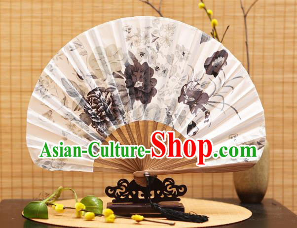 Traditional Chinese Crafts Shell Silk Folding Fan Ink Painting Peony Flowers Bamboo Fans for Women