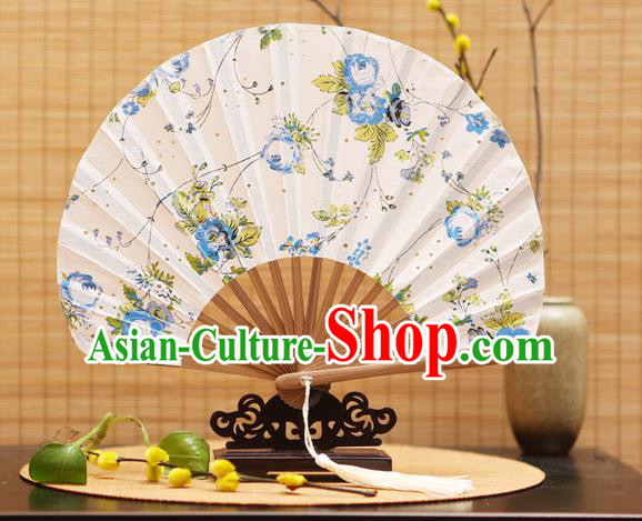 Traditional Chinese Crafts Shell Silk Folding Fan Ink Painting Blue Flowers Bamboo Fans for Women