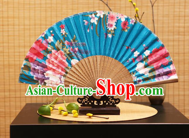 Traditional Chinese Crafts Folding Fans Printing Peony Flowers Blue Silk Fan for Women