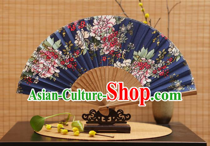 Traditional Chinese Crafts Folding Fans Painting Flowers Navy Silk Fan for Women