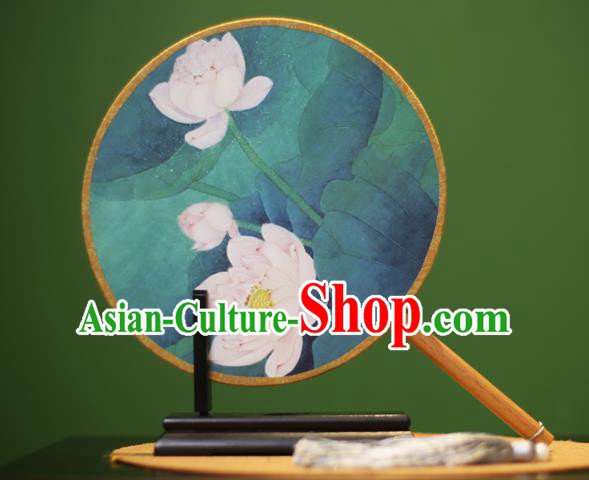 Traditional Chinese Crafts Printing Lotus Round Fan, China Palace Fans Princess Silk Circular Fans for Women