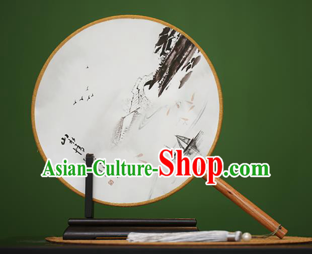 Traditional Chinese Crafts Ink Painting Rosewood Round Fan, China Palace Fans Princess Silk Circular Fans for Women