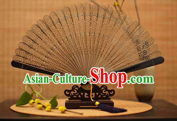 Traditional Chinese Crafts Brown Folding Fan Hollow Out Bamboo Fans for Women
