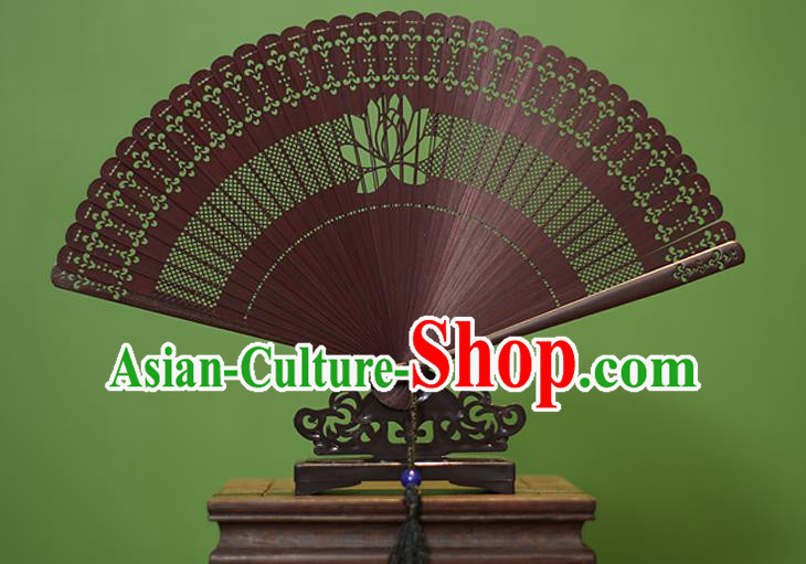 Traditional Chinese Crafts Red Folding Fan Hollow Out Lotus Bamboo Fans for Women
