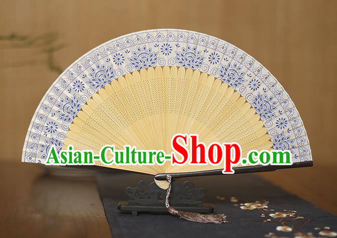 Traditional Chinese Crafts Blue and White Porcelain Silk Folding Fan Sensu Fans for Women