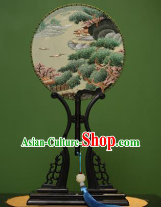 Traditional Chinese Crafts Embroidered Pine Round Fan, China Palace Fans Princess Silk Circular Fans for Women