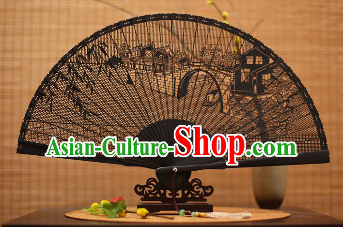 Traditional Chinese Crafts Black Sandalwood Folding Fan, Chinese Hollow Out Bridge Fans Bamboo Fans for Women