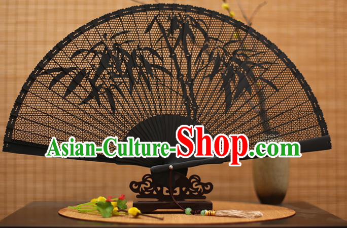 Traditional Chinese Crafts Black Sandalwood Folding Fan, Chinese Hollow Out Bamboo Fans Bamboo Fans for Women