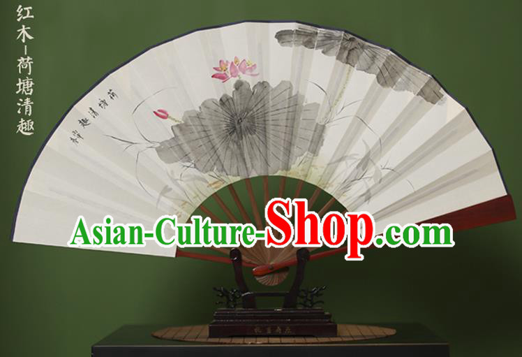 Traditional Chinese Crafts Ink Painting Lotus Folding Fan, China Handmade Xuan Paper Fans for Men