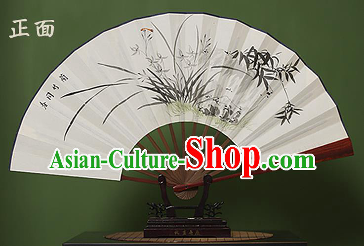 Traditional Chinese Crafts Ink Painting Orchid Folding Fan, China Handmade Xuan Paper Fans for Men