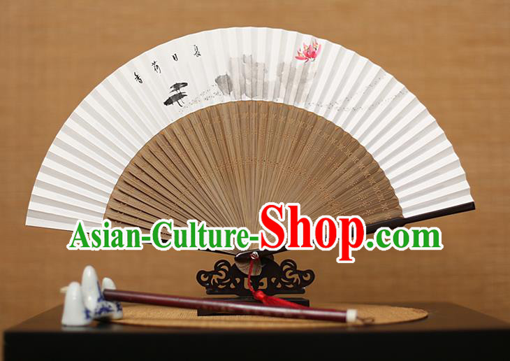 Traditional Chinese Crafts Hand Painting Lotus Folding Fan, China Handmade Xuan Paper Fans for Men
