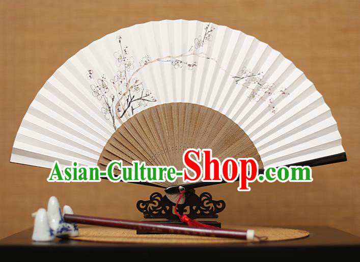 Traditional Chinese Crafts Hand Painting Plum Blossom Folding Fan, China Handmade Xuan Paper Fans for Men