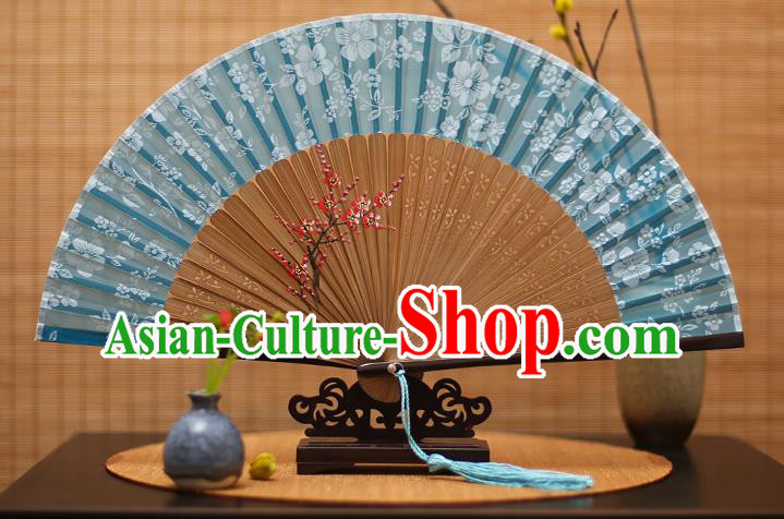Traditional Chinese Crafts Folding Fan, China Printing Plum Blossom Blue Silk Fans for Women