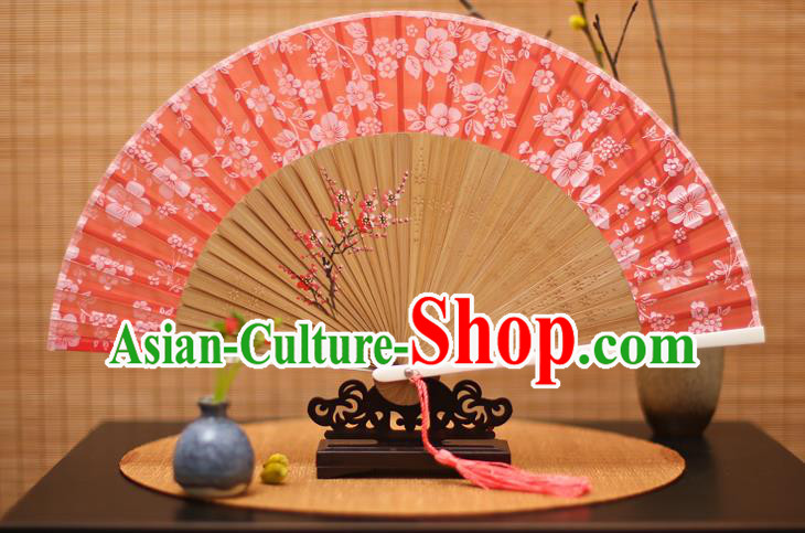 Traditional Chinese Crafts Folding Fan, China Printing Plum Blossom Red Silk Fans for Women