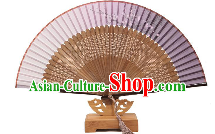 Traditional Chinese Crafts Folding Fan, China Printing Plum Blossom Lilac Silk Fans for Women