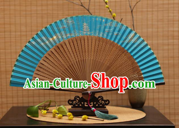 Traditional Chinese Crafts Hand Painting Leifeng Pagoda Blue Silk Folding Fan, China Handmade Bamboo Fans for Women