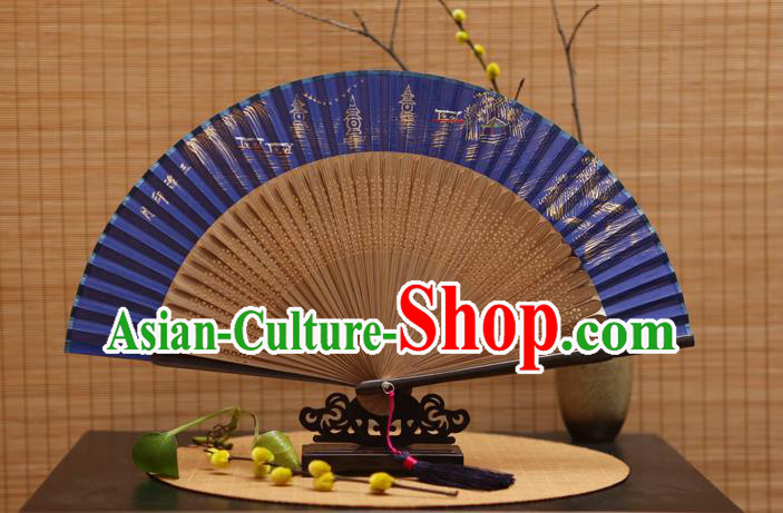 Traditional Chinese Crafts Hand Painting West Lake Royalblue Silk Folding Fan, China Handmade Bamboo Fans for Women