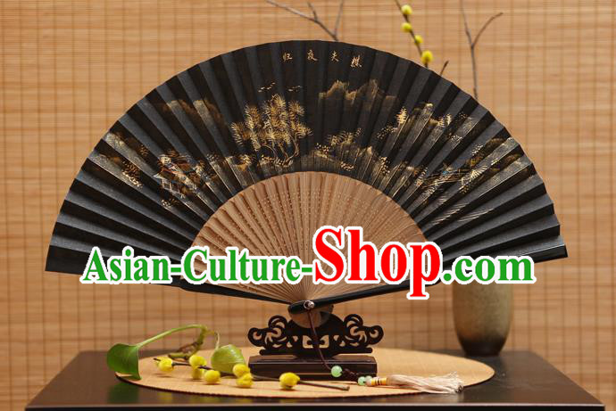 Traditional Chinese Crafts Hand Painting Black Silk Folding Fan, China Handmade Bamboo Fans for Women