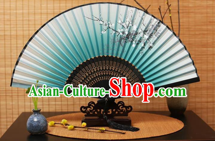 Traditional Chinese Crafts Printing Plum Blossom Green Folding Fan, China Handmade Bamboo Fans for Women
