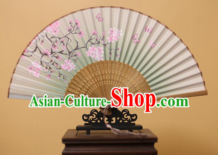 Traditional Chinese Crafts Printing Peach Blossom Green Folding Fan, China Handmade Bamboo Fans for Women