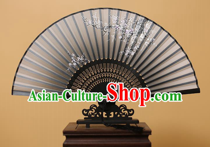 Traditional Chinese Crafts Printing Wintersweet Black Folding Fan, China Handmade Bamboo Fans for Women