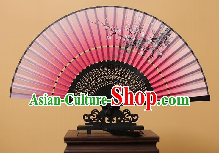 Traditional Chinese Crafts Printing Wintersweet Rosy Folding Fan, China Handmade Bamboo Fans for Women