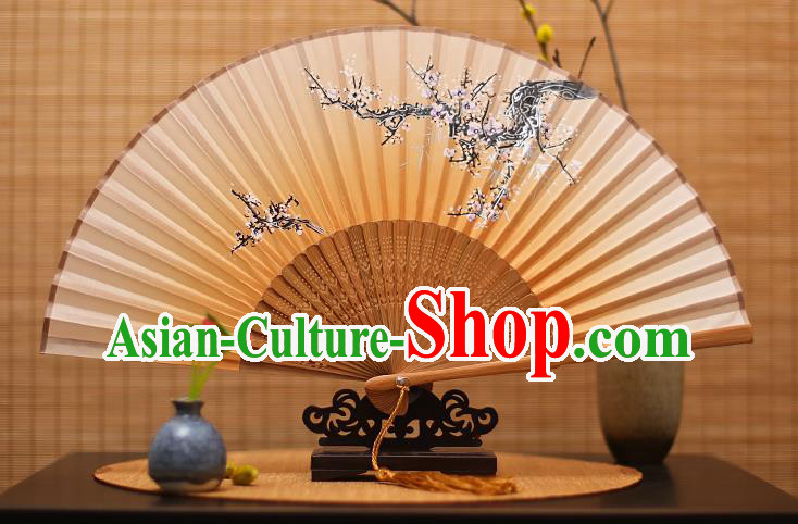 Traditional Chinese Crafts Printing Wintersweet Yellow Folding Fan, China Handmade Bamboo Fans for Women