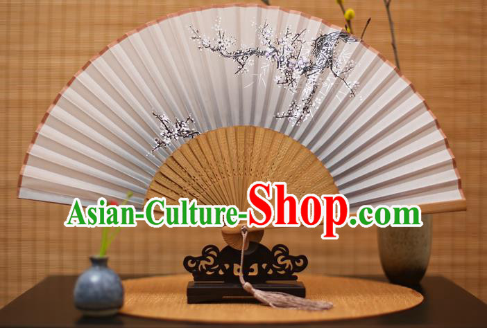 Traditional Chinese Crafts Printing Wintersweet Grey Folding Fan, China Handmade Bamboo Fans for Women