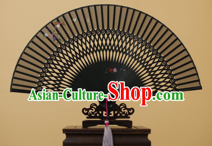 Traditional Chinese Crafts Printing Flower Black Silk Folding Fan, China Handmade Bamboo Fans for Women