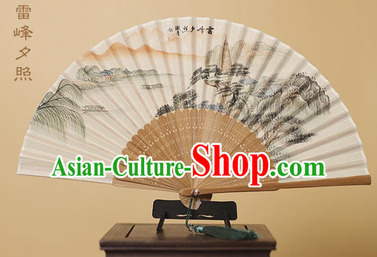 Traditional Chinese Crafts Printing Leifeng Pagoda Silk Folding Fan, China Handmade Bamboo Fans for Women