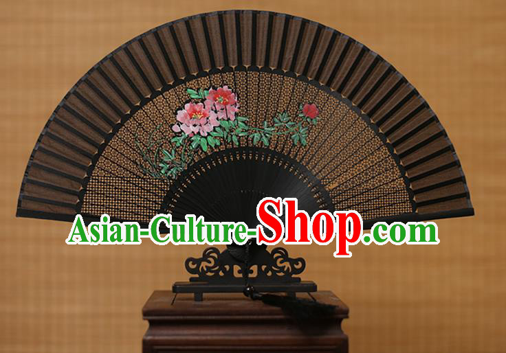 Traditional Chinese Crafts Hand Painting Peony Folding Fan, China Handmade Black Silk Fans for Women