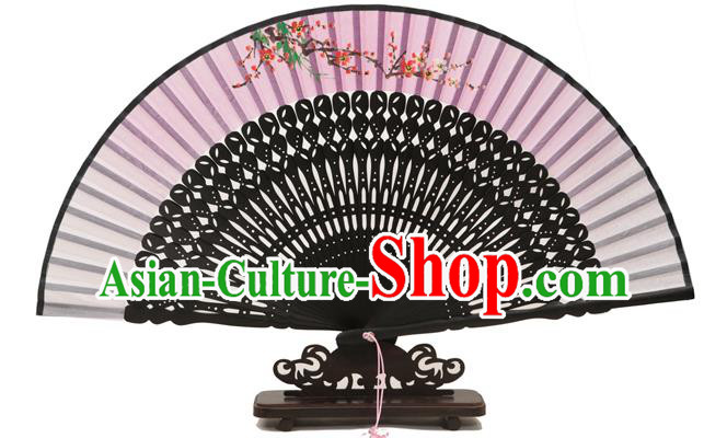 Traditional Chinese Crafts Pink Silk Folding Fan, China Handmade Printing Plum Blossom Fans for Women