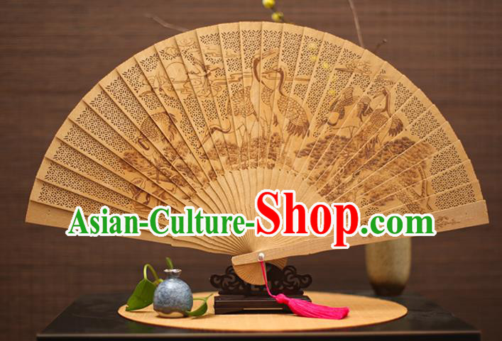 Traditional Chinese Crafts Sandalwood Folding Fan, China Handmade Hollow Out Crane Incienso Fans for Women
