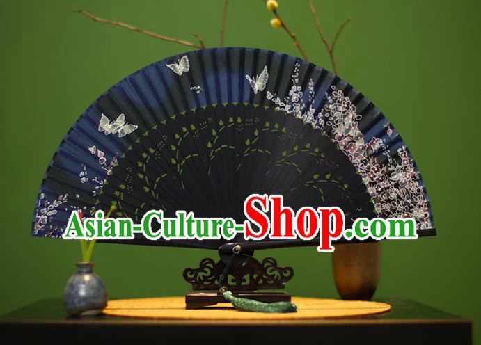 Traditional Chinese Crafts Printing Classical Folding Fan, China Handmade Navy Silk Fans for Women
