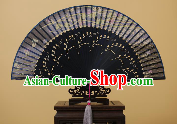 Traditional Chinese Crafts Printing Orchid Classical Folding Fan, China Handmade Navy Silk Fans for Women