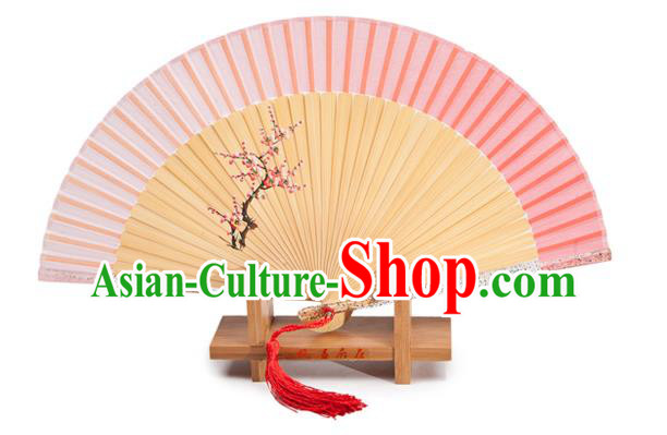 Traditional Chinese Crafts Pink Silk Folding Fan, China Handmade Printing Plum Blossom Bamboo Fans for Women