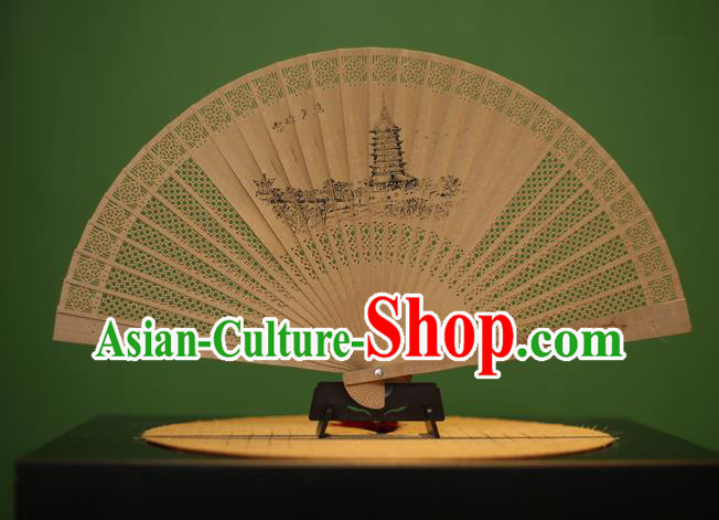 Traditional Chinese Crafts Sandalwood Folding Fan, China Handmade Carving Leifeng Pagoda Incienso Fans for Women