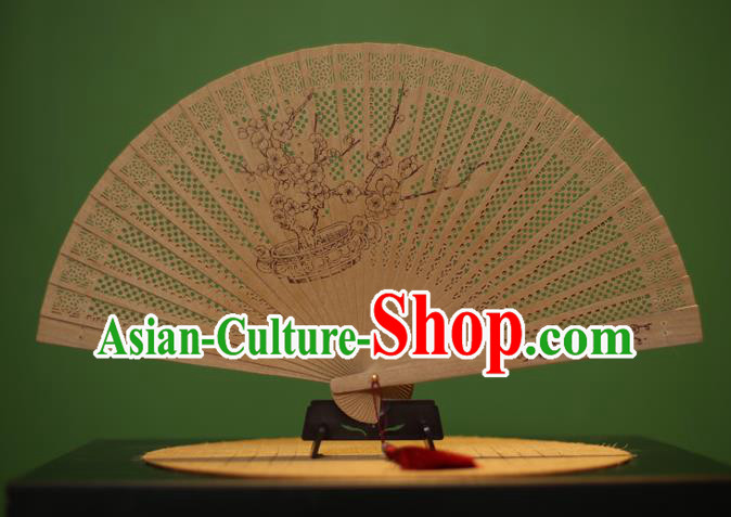 Traditional Chinese Crafts Sandalwood Folding Fan, China Handmade Carving Plum Blossom Incienso Fans for Women
