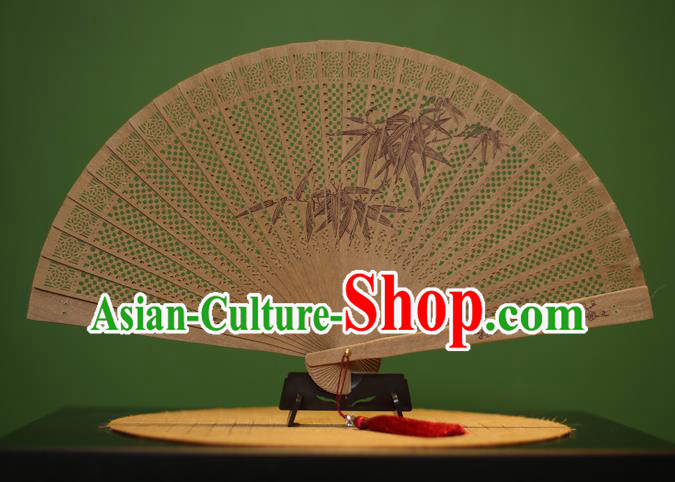 Traditional Chinese Crafts Sandalwood Folding Fan, China Handmade Carving Bamboo Leaf Incienso Fans for Women