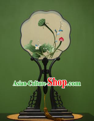 Traditional Chinese Crafts Suzhou Embroidery Palace Fan, China Princess Embroidered Lotus Seedpod Silk Fans for Women