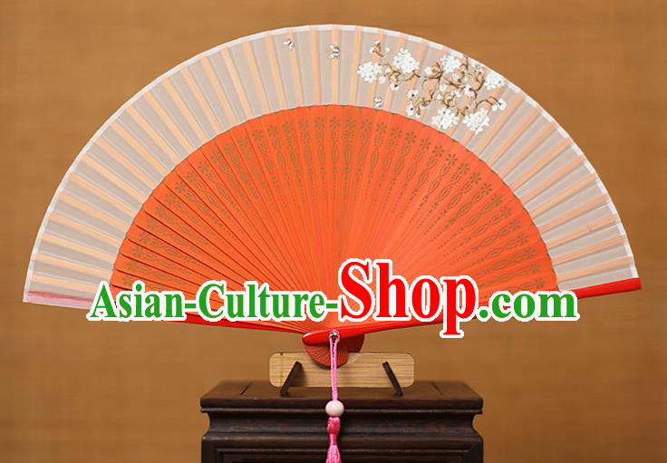 Traditional Chinese Crafts Printing Flowers Classical Folding Fan, China Handmade Red Bamboo Silk Fans for Women