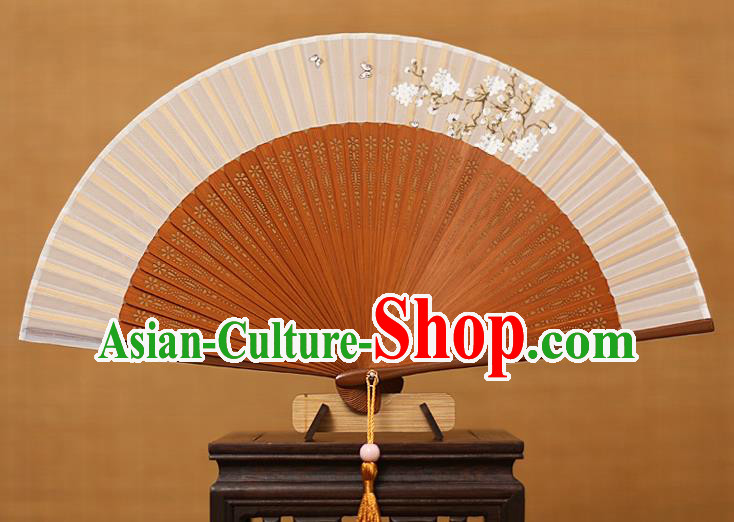 Traditional Chinese Crafts Printing Flowers Classical Folding Fan, China Handmade Brown Bamboo Silk Fans for Women