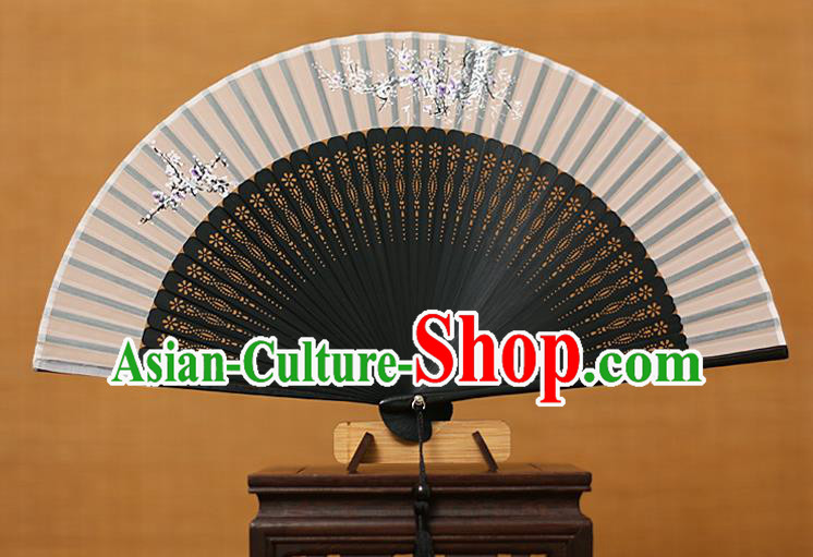 Traditional Chinese Crafts Printing Flowers Classical Folding Fan, China Handmade Black Bamboo Silk Fans for Women