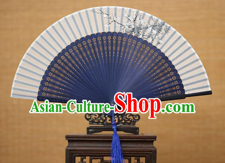 Traditional Chinese Crafts Printing Wintersweet Classical Folding Fan, China Handmade Blue Bamboo Silk Fans for Women