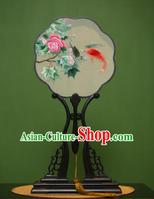 Traditional Chinese Crafts Suzhou Embroidery Palace Fan, China Princess Embroidered Peony Fish Silk Fans for Women
