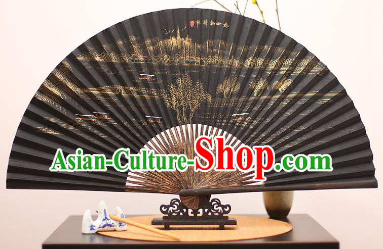 Traditional Chinese Crafts Printing Broken Bridge Mulberry Paper Folding Fan, China Handmade Bamboo Palm Fans for Men
