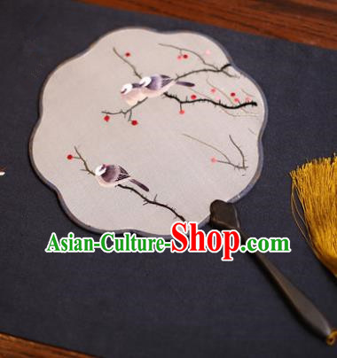 Traditional Chinese Crafts Suzhou Embroidery Palace Fan, China Princess Embroidered Bird Wintersweet Silk Fans for Women